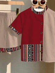 2pcs Little Boys Geometric Colourblock Shirt & Shorts Set - Crimson