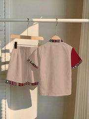 2pcs Little Boys Geometric Colourblock Shirt & Shorts Set - Crimson