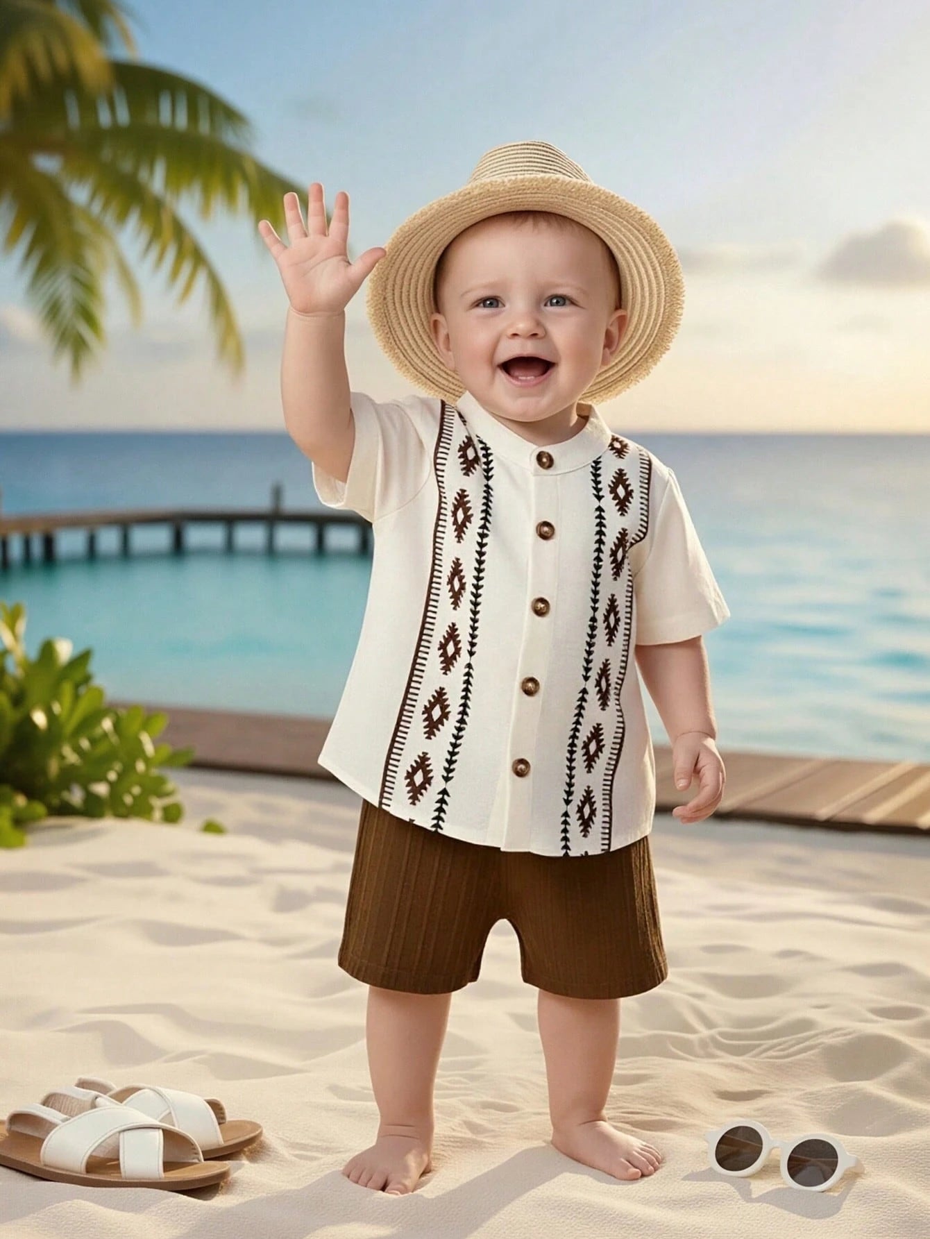 Baby Boys Aztec Print Button-Front Shirt & Shorts Set - Ivory