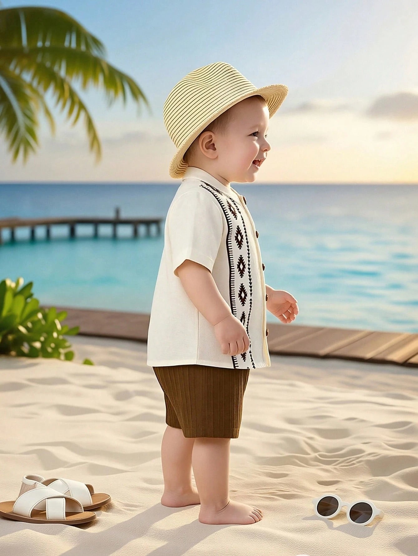 Baby Boys Aztec Print Button-Front Shirt & Shorts Set - Ivory