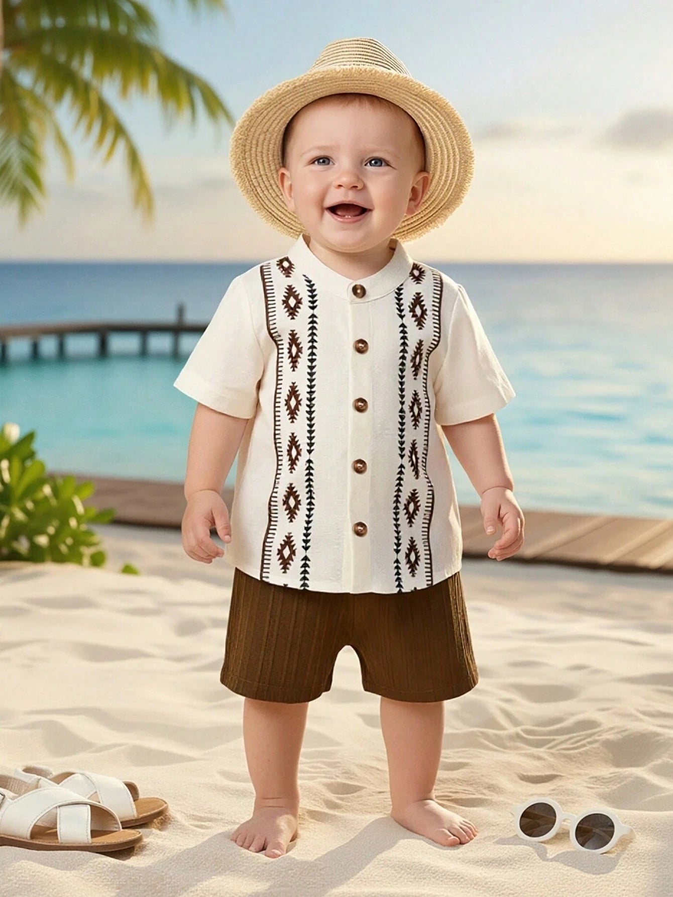 Baby Boys Aztec Print Button-Front Shirt & Shorts Set - Ivory