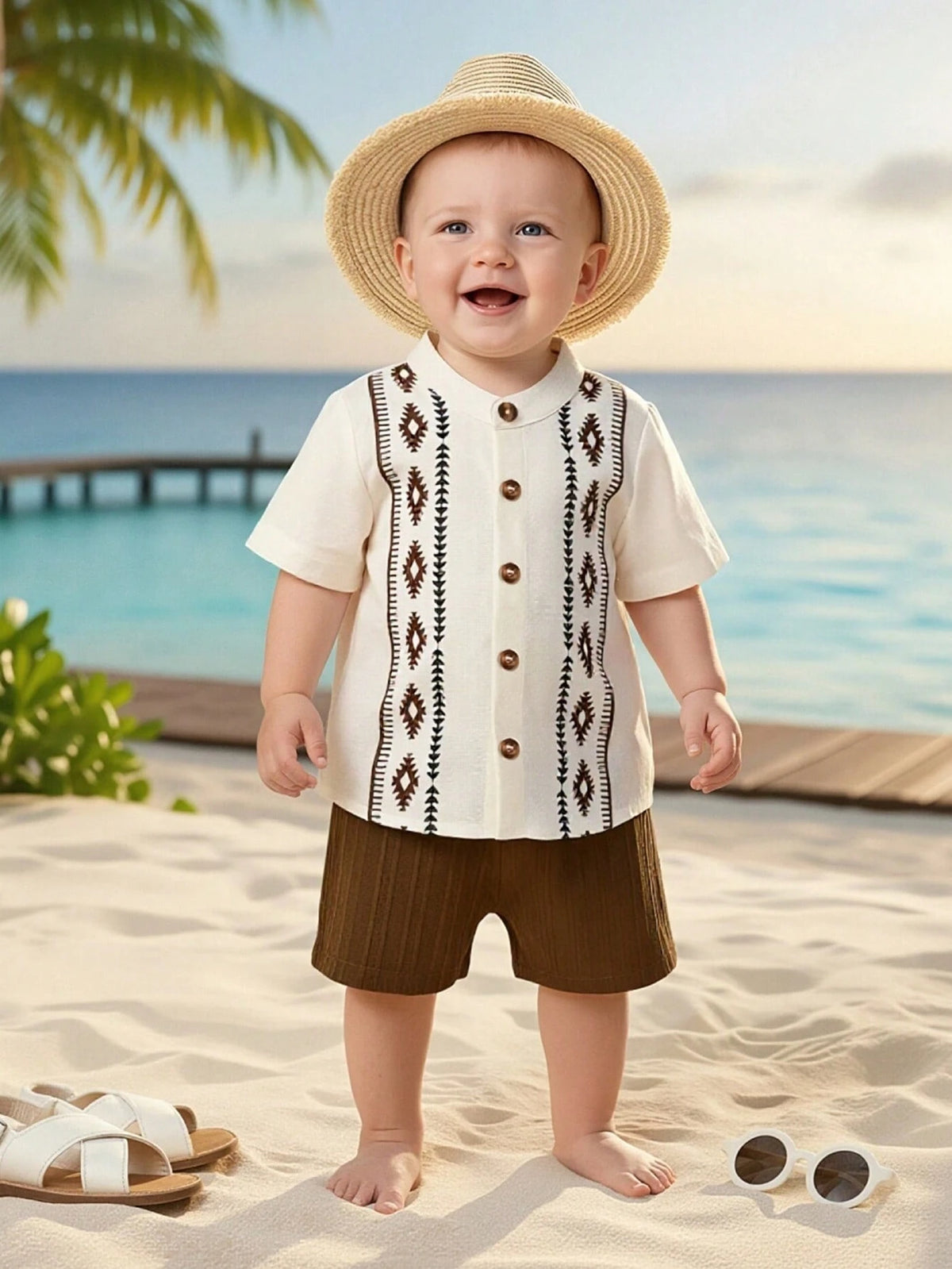 Baby Boys Aztec Print Button-Front Shirt & Shorts Set - Ivory
