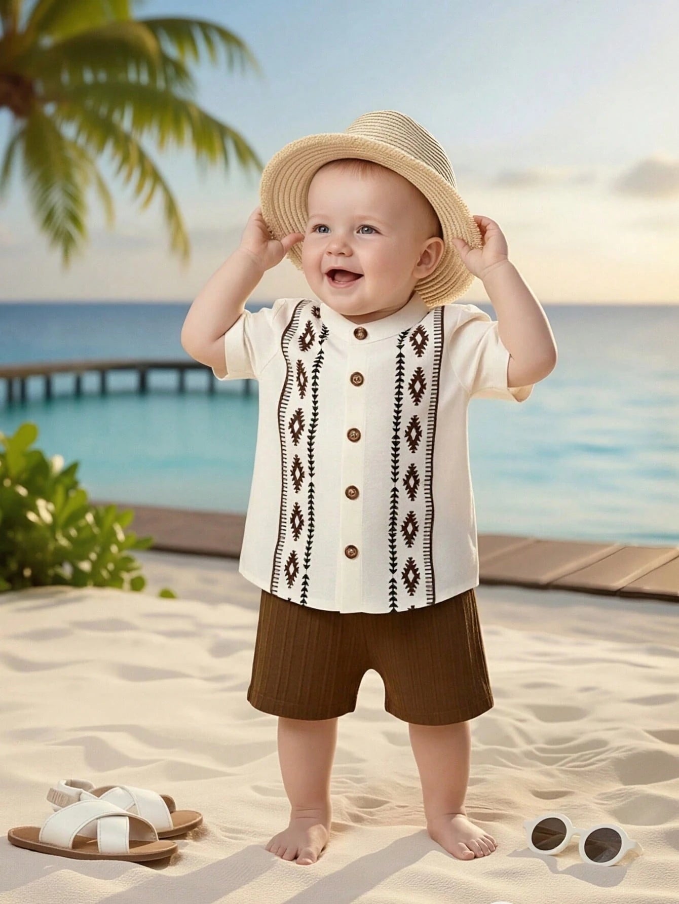 Baby Boys Aztec Print Button-Front Shirt & Shorts Set - Ivory