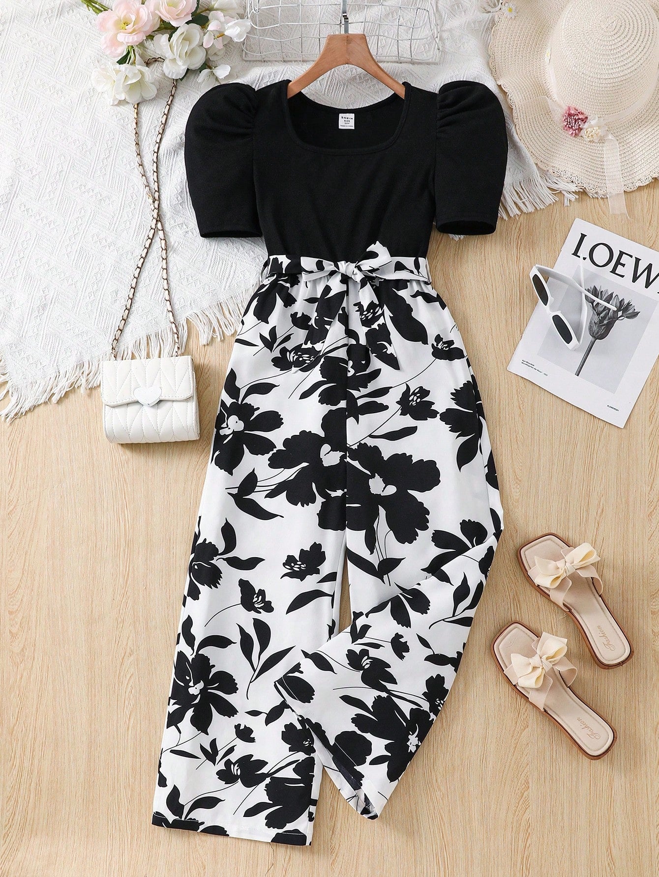 Big Girls Puff Sleeve Floral Print Wide-Leg Jumpsuit - Onyx | 21 Ce...