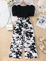 Big Girls Puff Sleeve Floral Print Wide-Leg Jumpsuit - Onyx | 21 Ce...