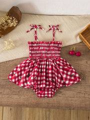 Girls Cherry Gingham Smocked Spaghetti Strap Romper - Scarlet | 21 ...