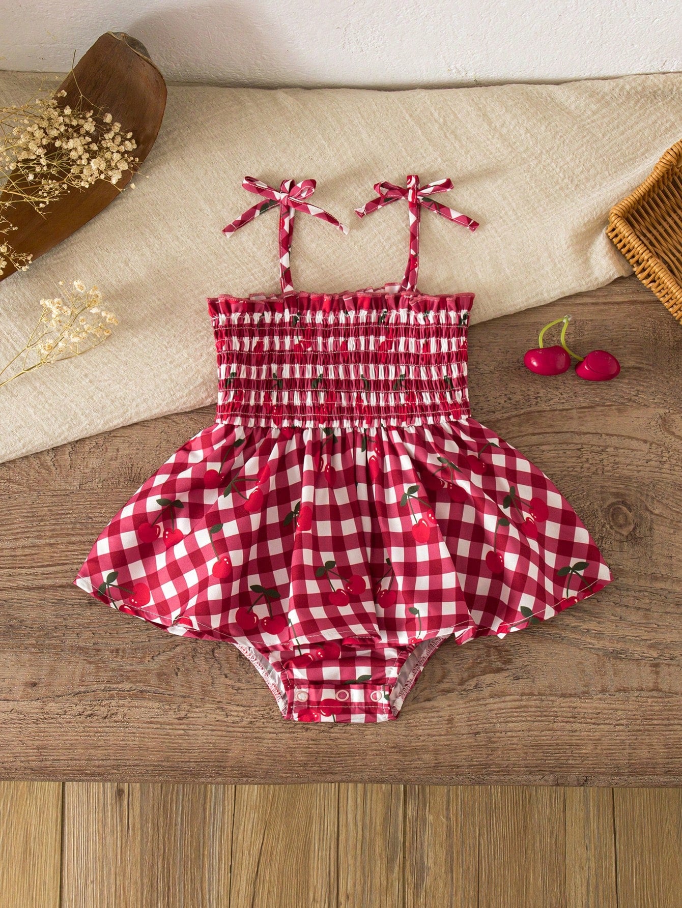 Girls Cherry Gingham Smocked Spaghetti Strap Romper - Scarlet | 21 ...