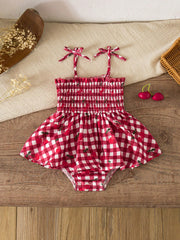 Girls Cherry Gingham Smocked Spaghetti Strap Romper - Scarlet | 21 ...