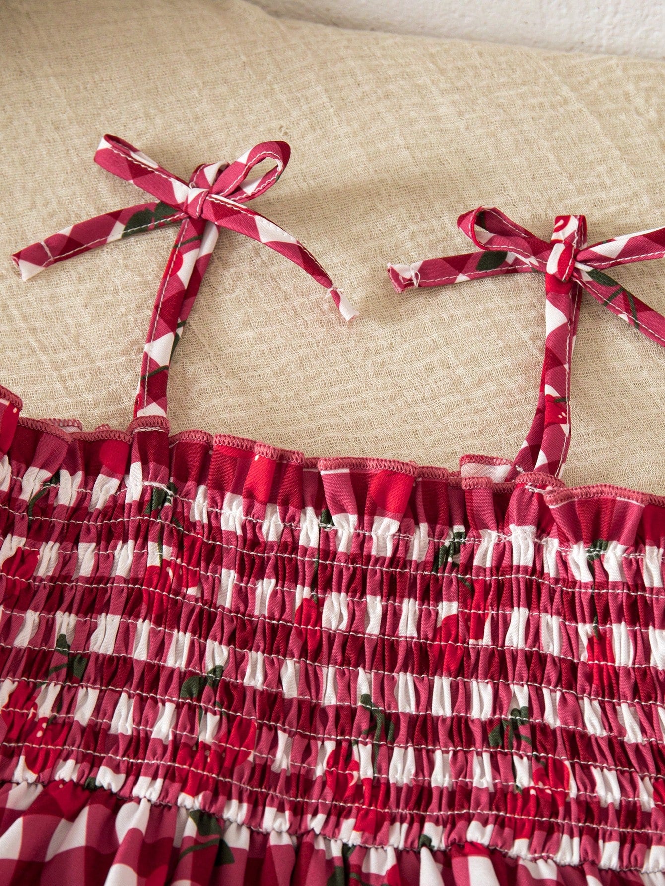 Girls Cherry Gingham Smocked Spaghetti Strap Romper - Scarlet | 21 ...