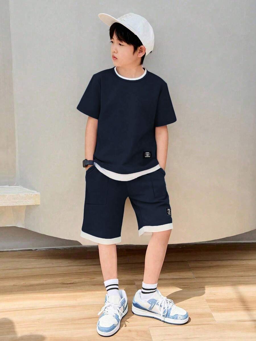 2pcs Boys Colorblock Layered T-Shirt & Shorts Set - Midnight | 21 C...