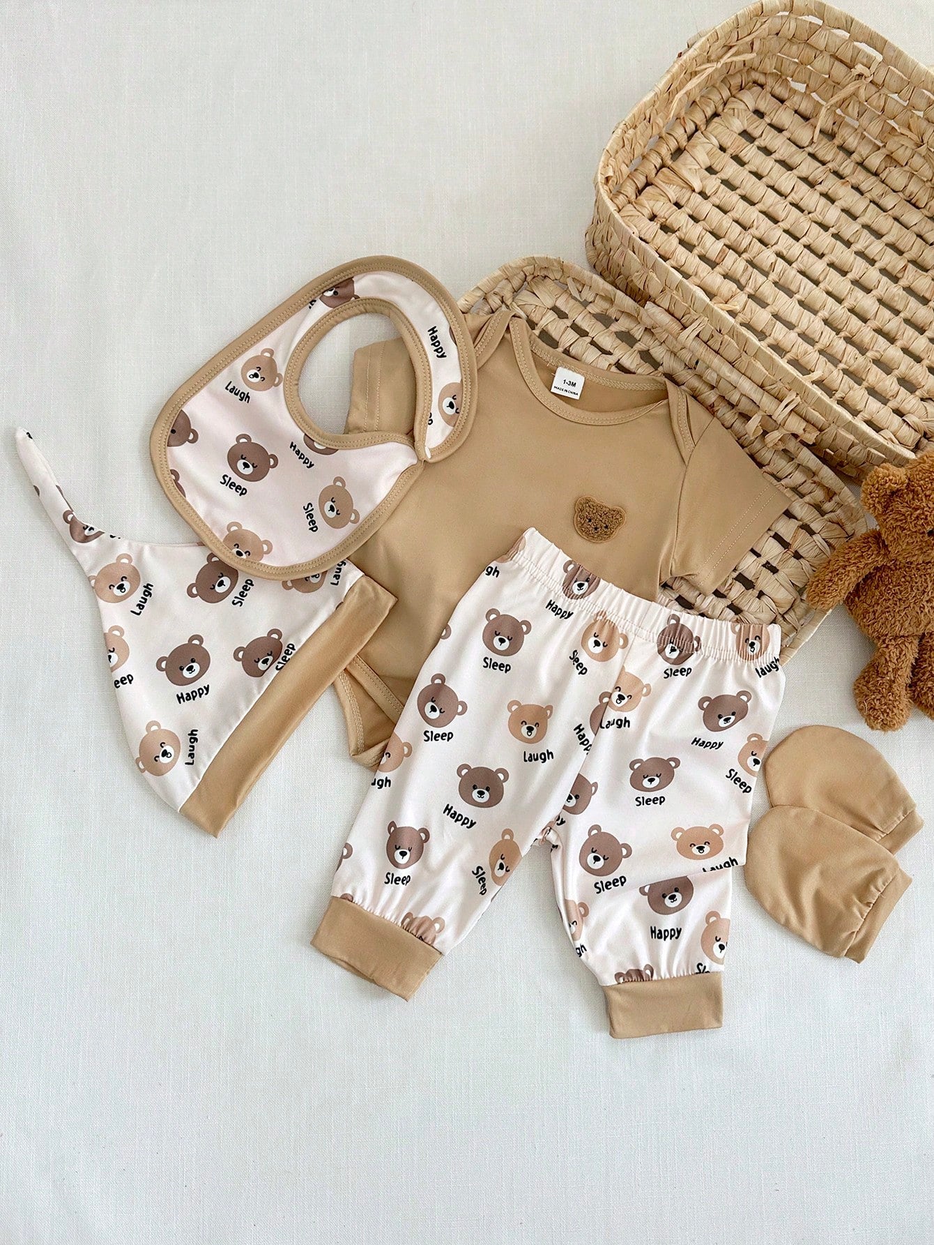 5pcs Baby Boys Bear Print Romper & Jogger Set - Latte | 21 Century ...
