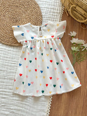 Girls Multicolour Heart Print Flutter Sleeve Dress - Ivory | 21 Cen...