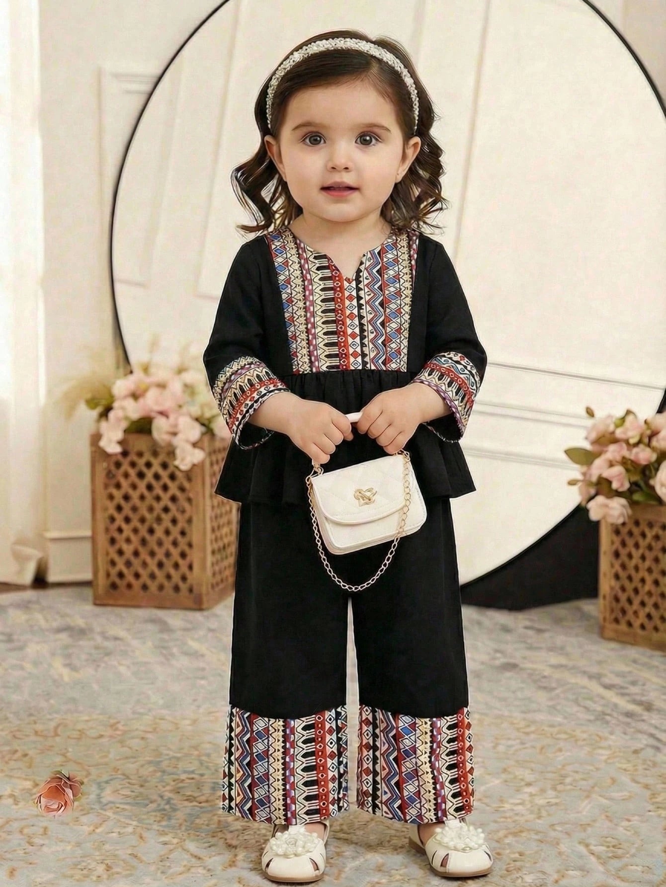 2pcs Girls Tribal Print Peplum Blouse & Wide-Leg Pants Set - Onyx |...