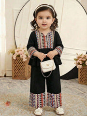 2pcs Girls Tribal Print Peplum Blouse & Wide-Leg Pants Set - Onyx |...