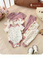 6pcs Baby Girls Floral & Bear Print Bodysuit & Pants Set - Mauve | ...
