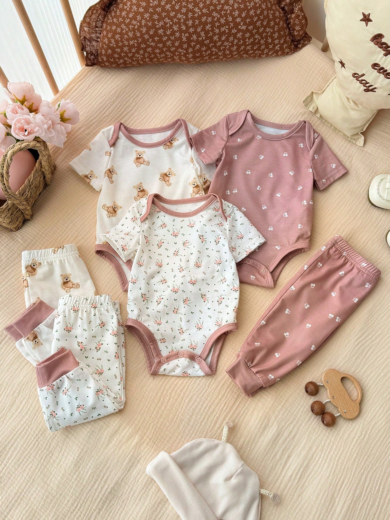6pcs Baby Girls Floral & Bear Print Bodysuit & Pants Set - Mauve | ...