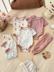 6pcs Baby Girls Floral & Bear Print Bodysuit & Pants Set - Mauve | ...