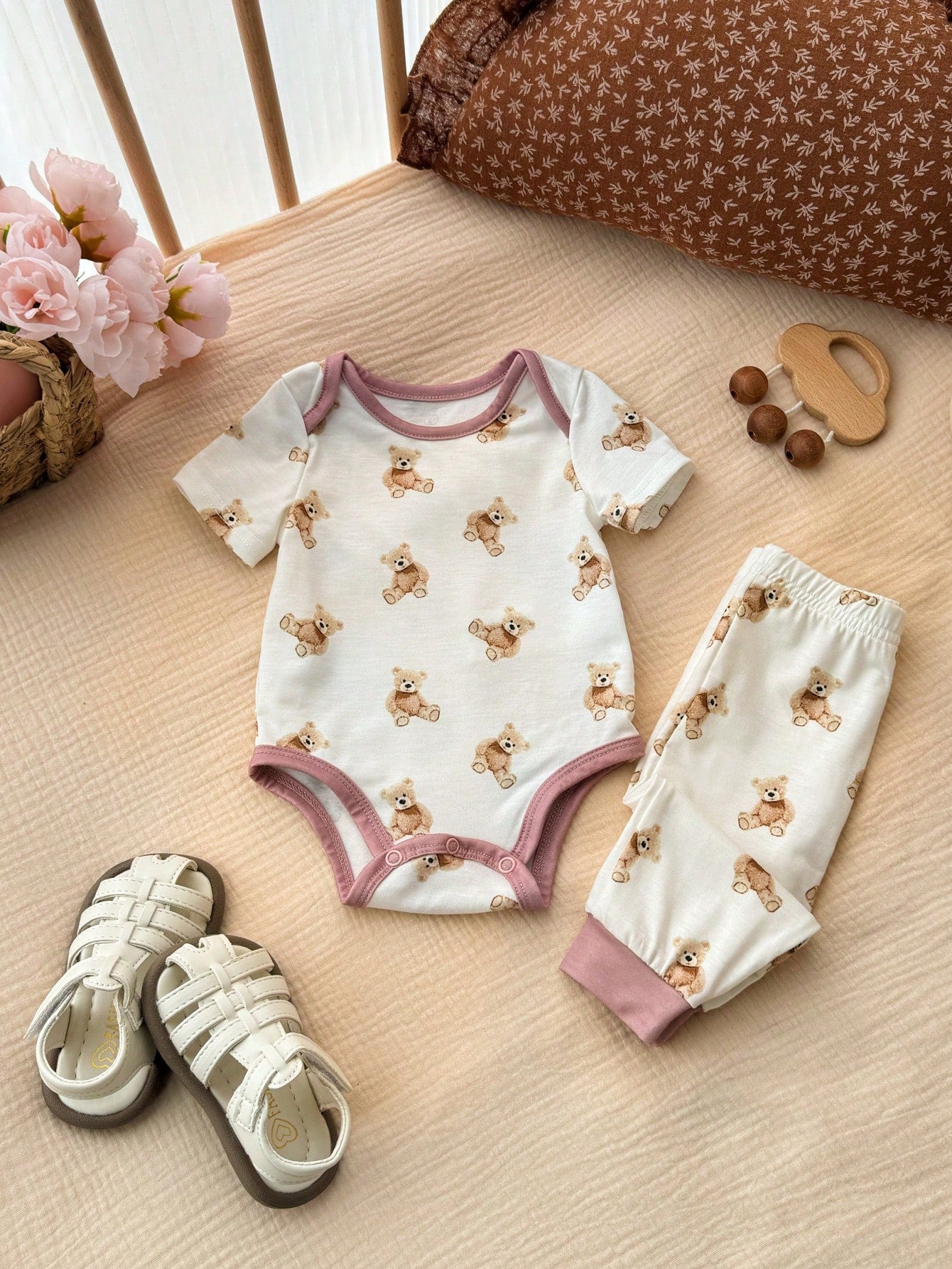 6pcs Baby Girls Floral & Bear Print Bodysuit & Pants Set - Mauve | ...