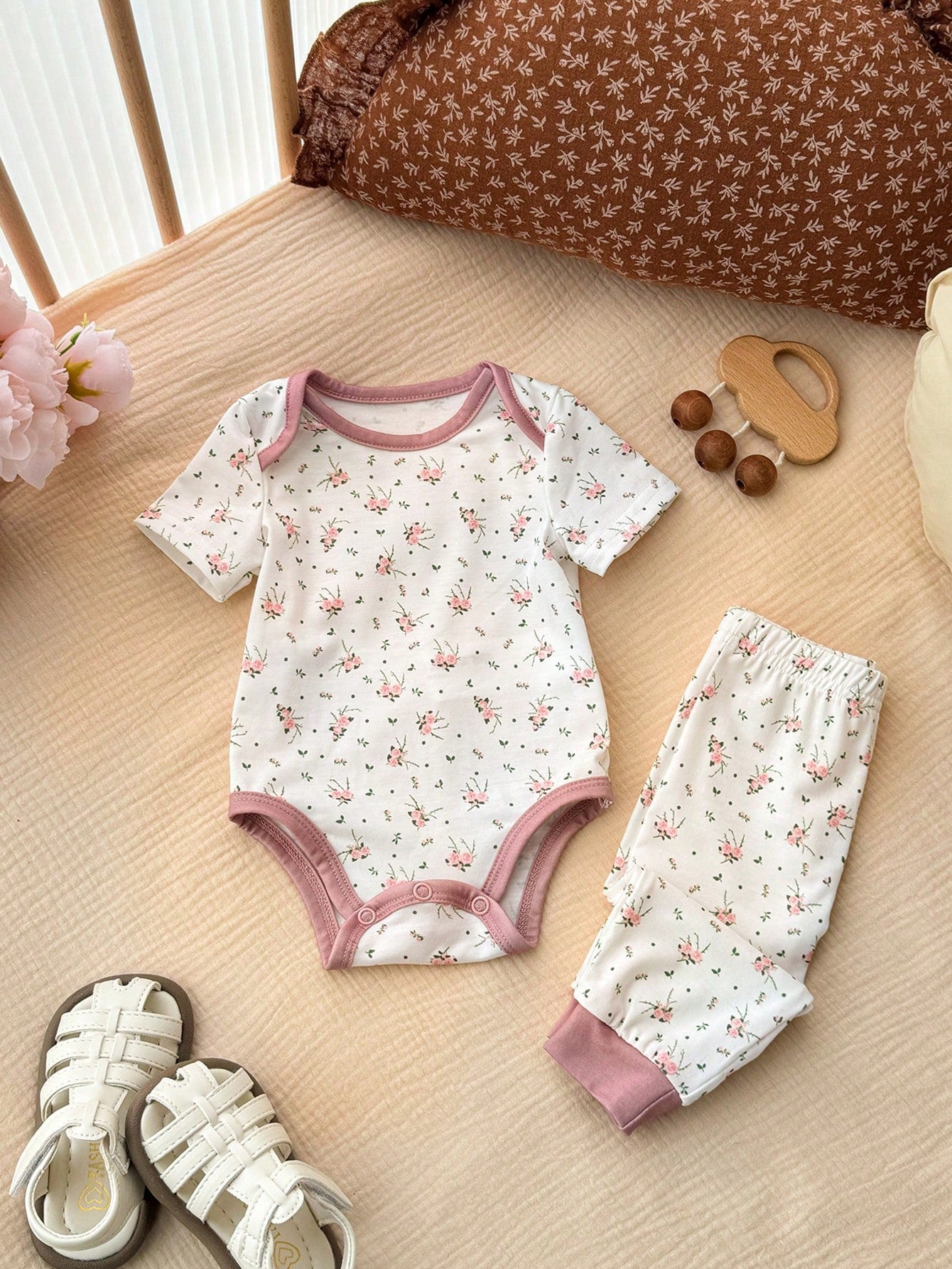 6pcs Baby Girls Floral & Bear Print Bodysuit & Pants Set - Mauve | ...