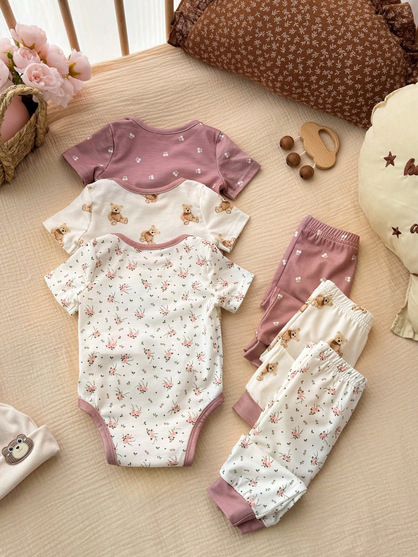 6pcs Baby Girls Floral & Bear Print Bodysuit & Pants Set - Mauve | ...