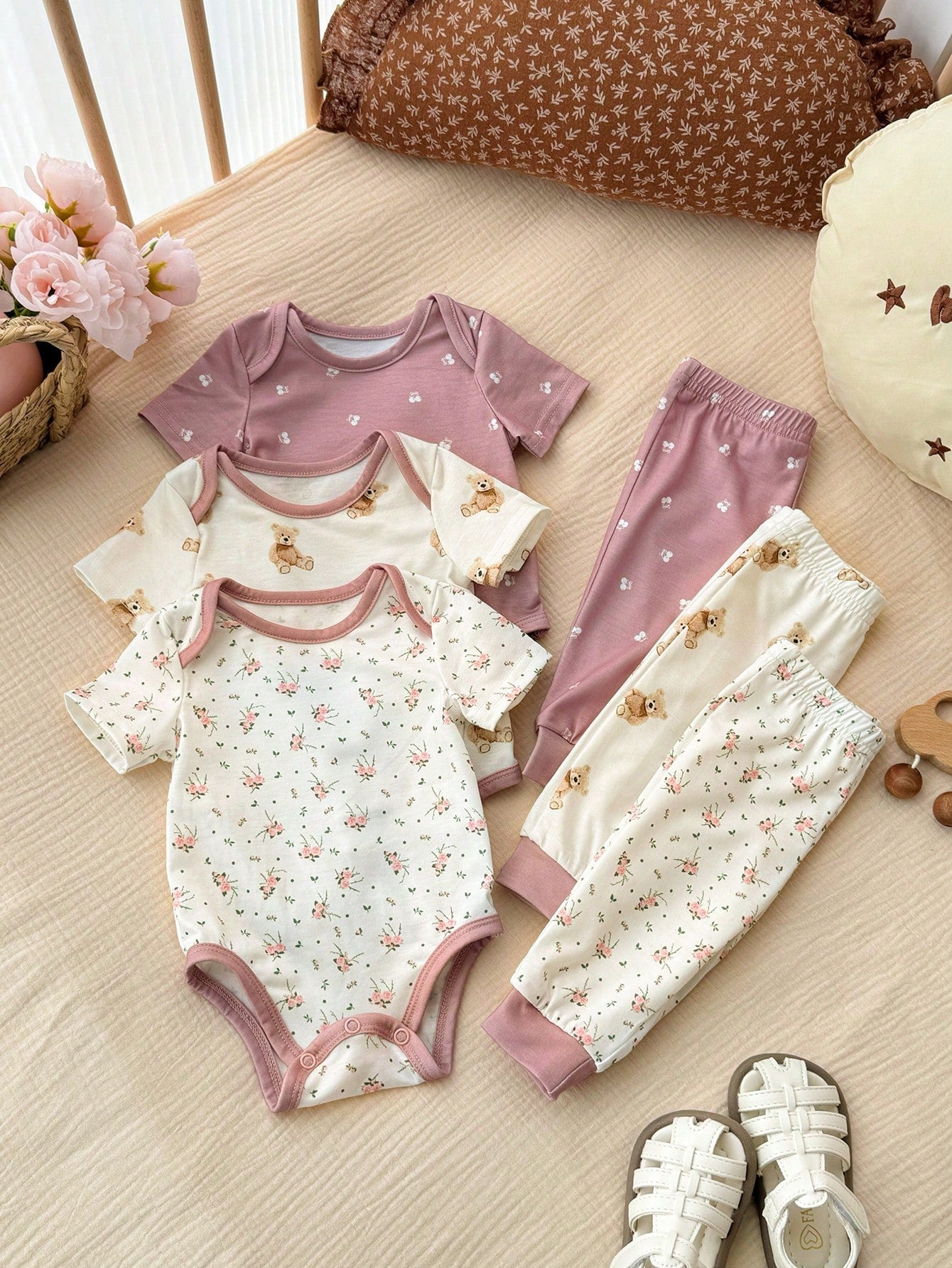 6pcs Baby Girls Floral & Bear Print Bodysuit & Pants Set - Mauve | ...