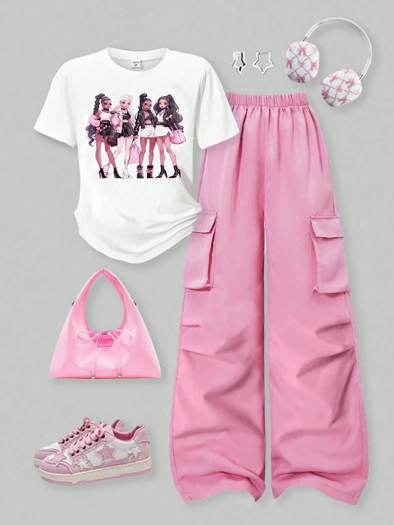 2pcs Big Girls Graphic Tee & Wide-Leg Cargo Pants Set - Flamingo | ...