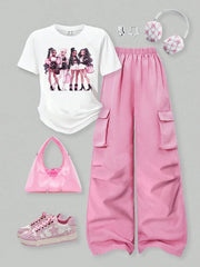 2pcs Big Girls Graphic Tee & Wide-Leg Cargo Pants Set - Flamingo | ...