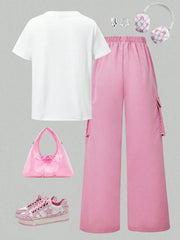 2pcs Big Girls Graphic Tee & Wide-Leg Cargo Pants Set - Flamingo | ...