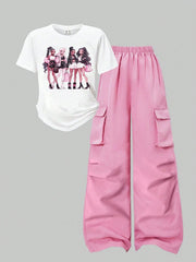 2pcs Big Girls Graphic Tee & Wide-Leg Cargo Pants Set - Flamingo | ...