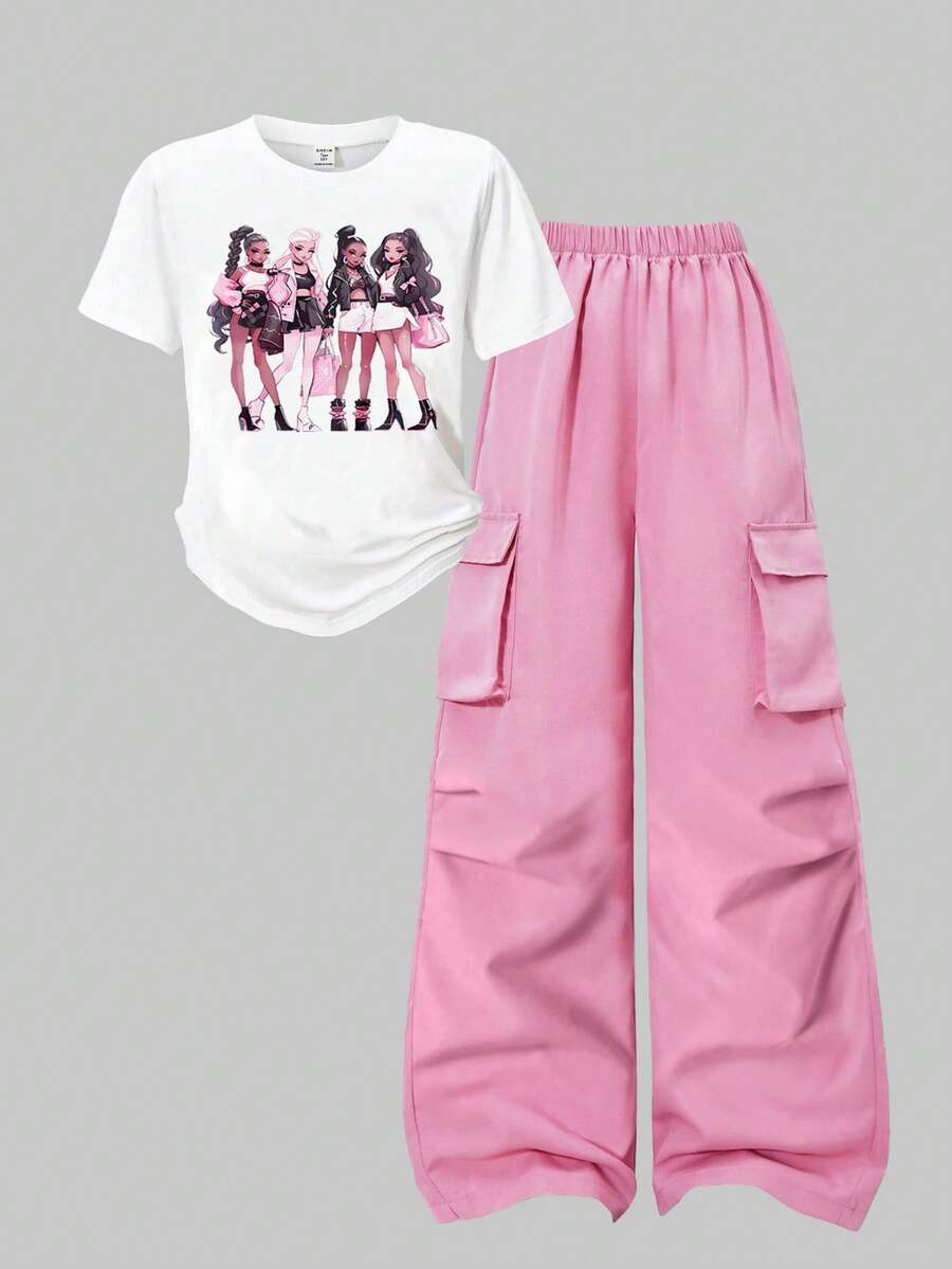 2pcs Big Girls Graphic Tee & Wide-Leg Cargo Pants Set - Flamingo | ...