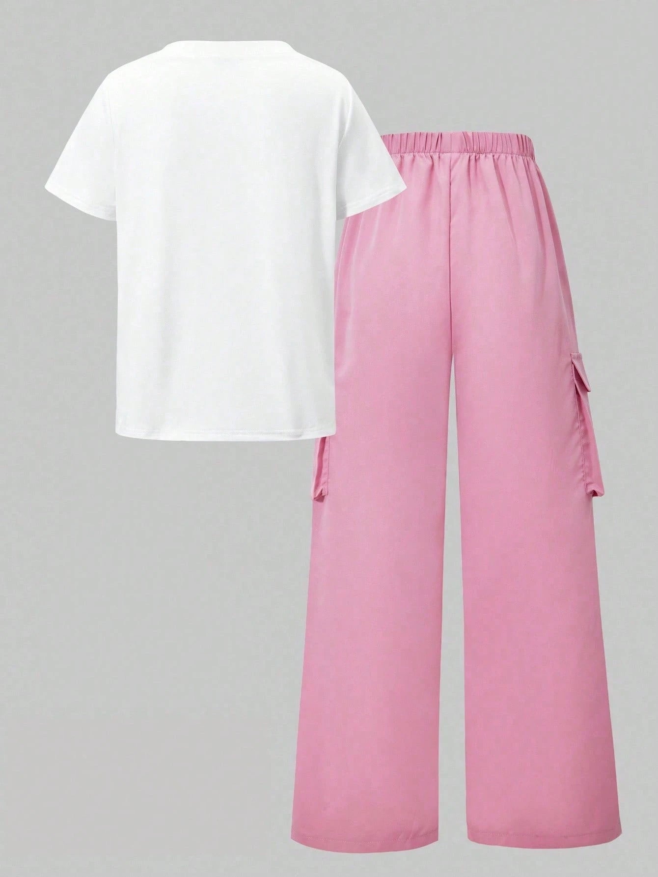 2pcs Big Girls Graphic Tee & Wide-Leg Cargo Pants Set - Flamingo | ...