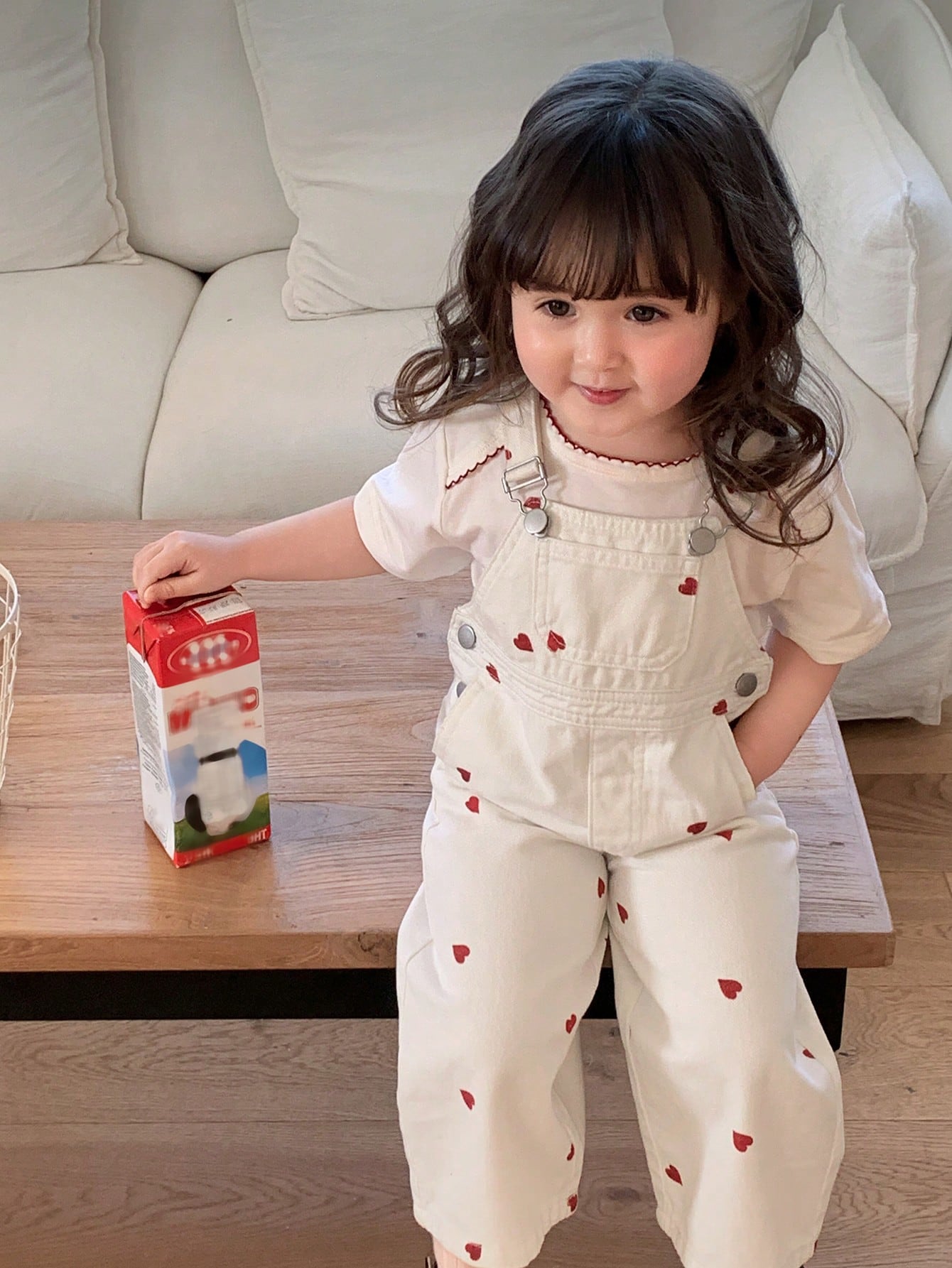 Girls Heart Print Denim Bib Overall Jumpsuit - Ecru | 21 Century Kids