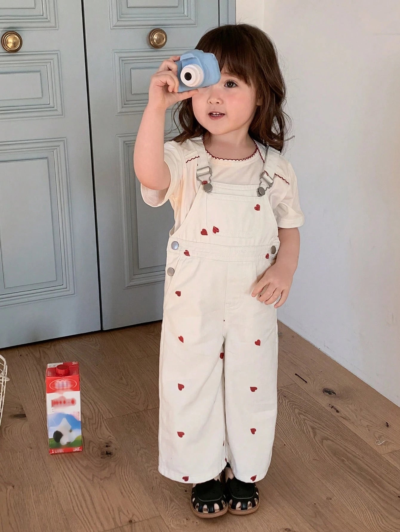 Girls Heart Print Denim Bib Overall Jumpsuit - Ecru | 21 Century Kids