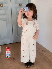 Girls Heart Print Denim Bib Overall Jumpsuit - Ecru | 21 Century Kids
