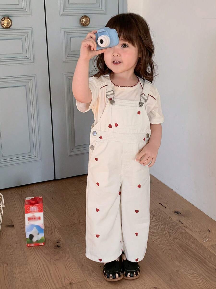 Girls Heart Print Denim Bib Overall Jumpsuit - Ecru | 21 Century Kids