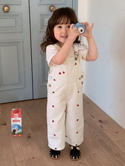 Girls Heart Print Denim Bib Overall Jumpsuit - Ecru | 21 Century Kids