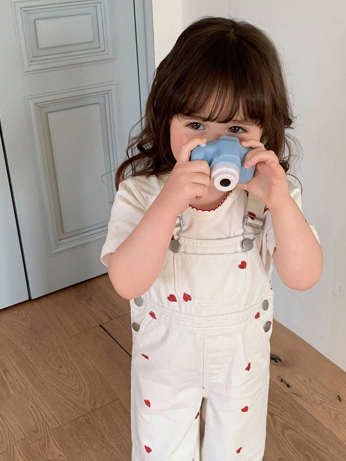 Girls Heart Print Denim Bib Overall Jumpsuit - Ecru | 21 Century Kids