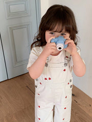 Girls Heart Print Denim Bib Overall Jumpsuit - Ecru | 21 Century Kids