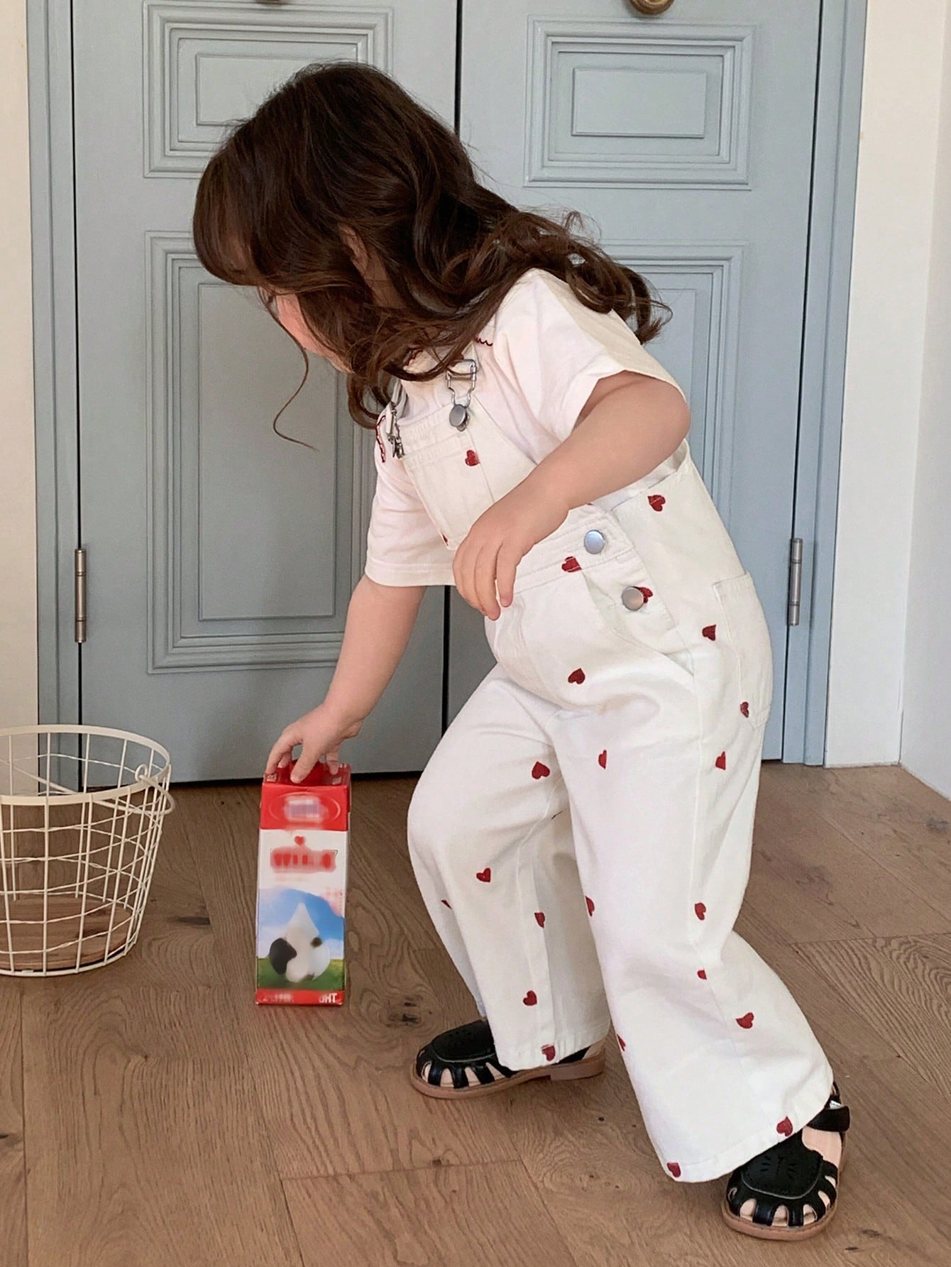 Girls Heart Print Denim Bib Overall Jumpsuit - Ecru | 21 Century Kids