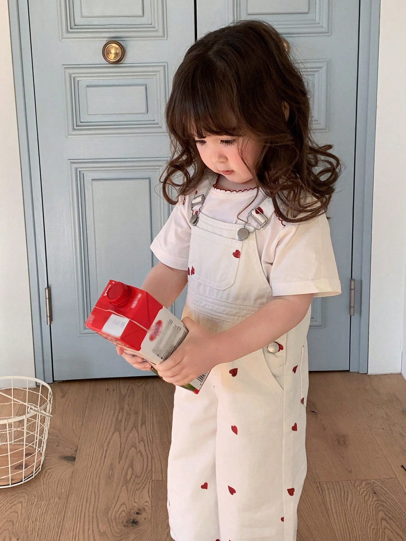 Girls Heart Print Denim Bib Overall Jumpsuit - Ecru | 21 Century Kids