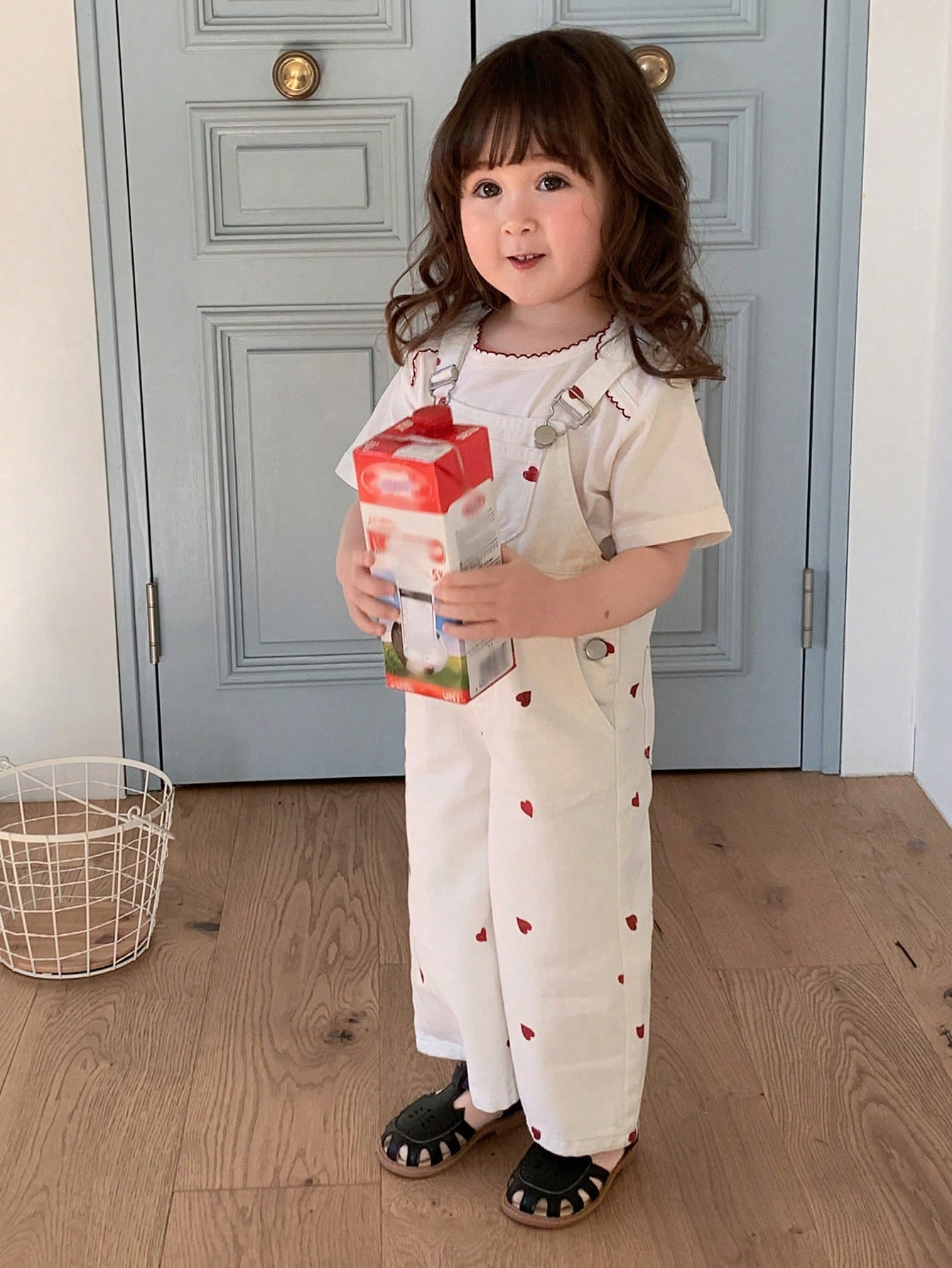 Girls Heart Print Denim Bib Overall Jumpsuit - Ecru | 21 Century Kids