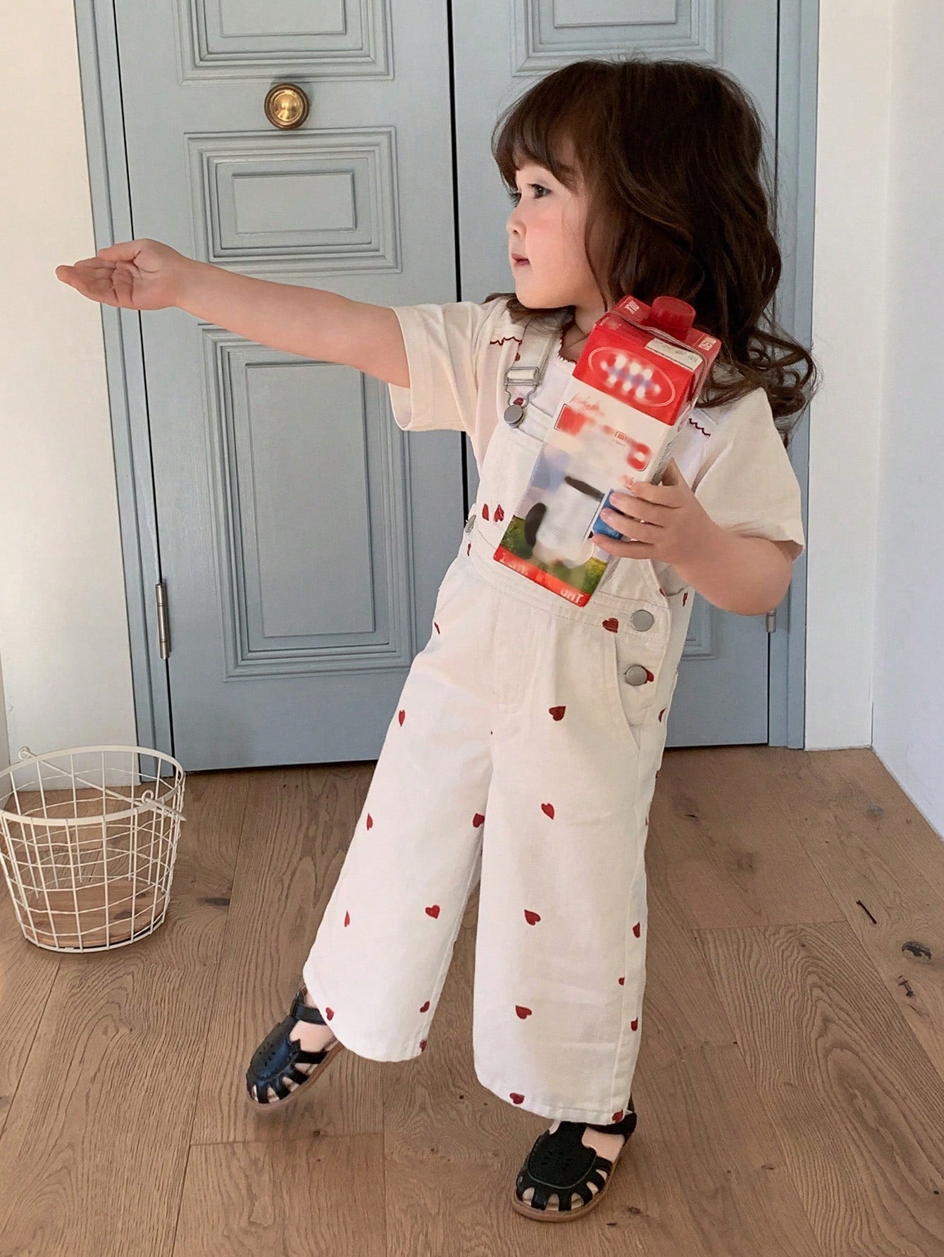 Girls Heart Print Denim Bib Overall Jumpsuit - Ecru | 21 Century Kids