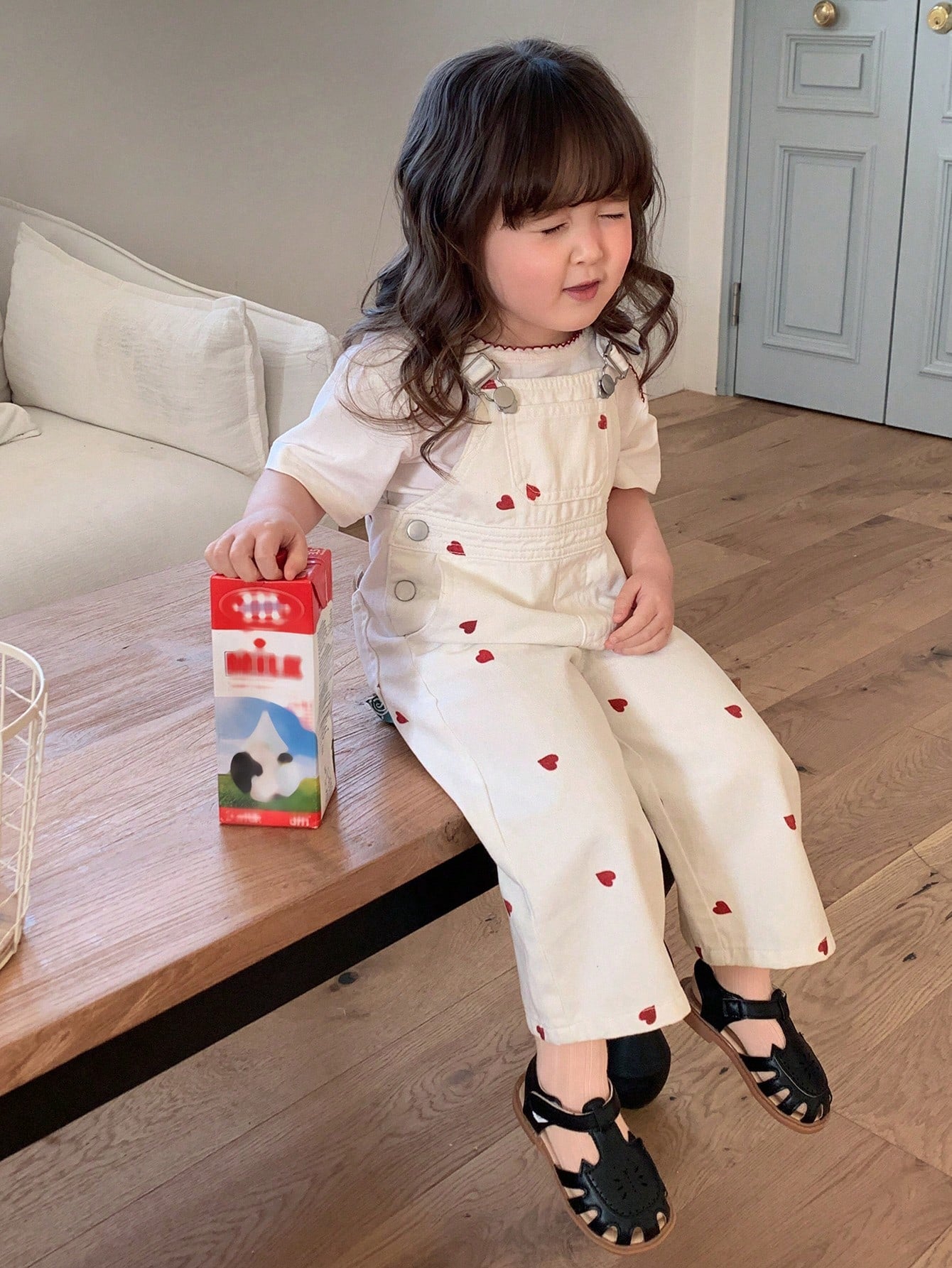Girls Heart Print Denim Bib Overall Jumpsuit - Ecru | 21 Century Kids