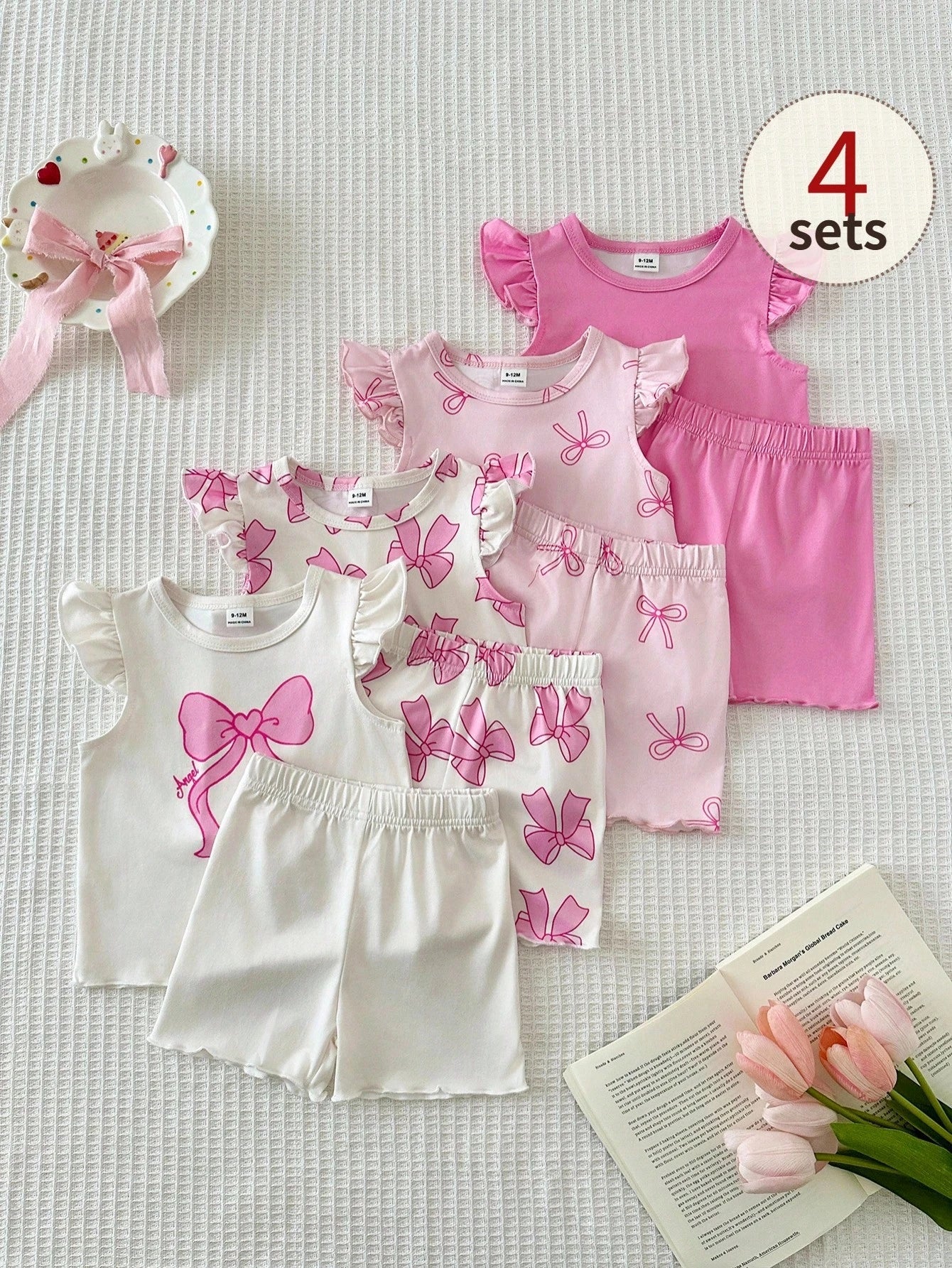 8pcs Girls Bow Print Ruffle Sleeve Top & Shorts Set - Blush | 21 Ce...