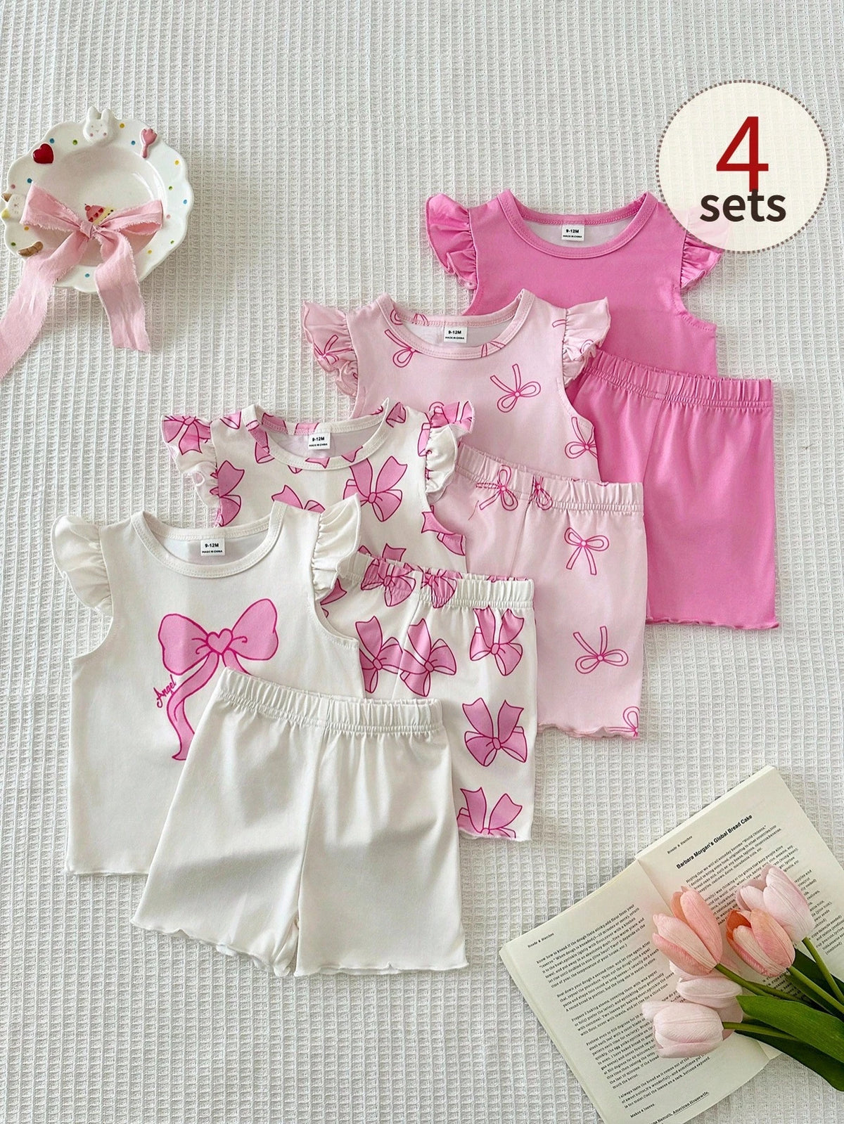 8pcs Girls Bow Print Ruffle Sleeve Top & Shorts Set - Blush | 21 Ce...