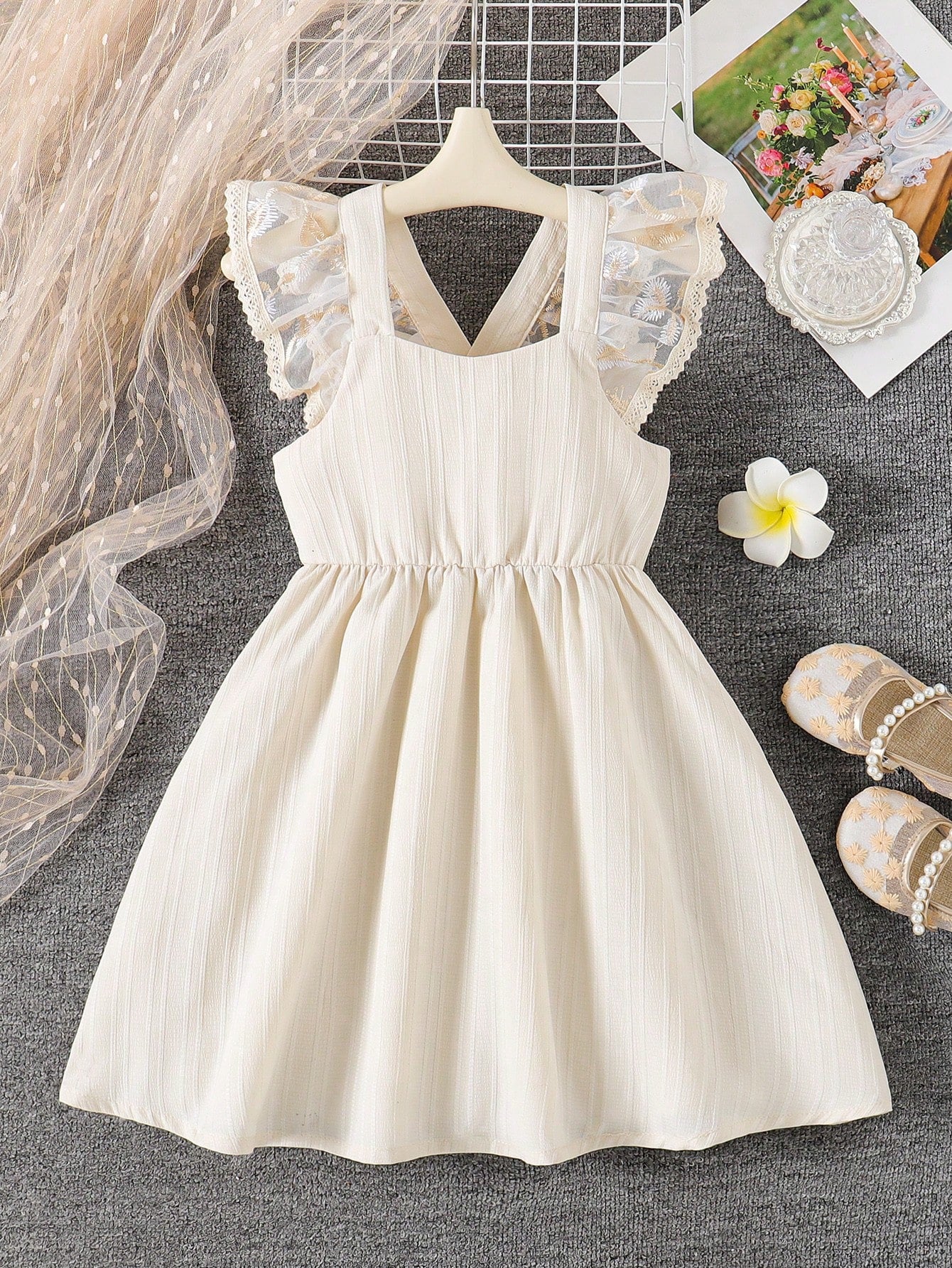 Little Girls Lace Flutter Sleeve Back-Bow A-Line Dress - Ecru | 21 ...