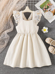 Little Girls Lace Flutter Sleeve Back-Bow A-Line Dress - Ecru | 21 ...