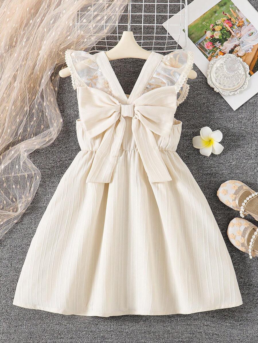 Little Girls Lace Flutter Sleeve Back-Bow A-Line Dress - Ecru | 21 ...
