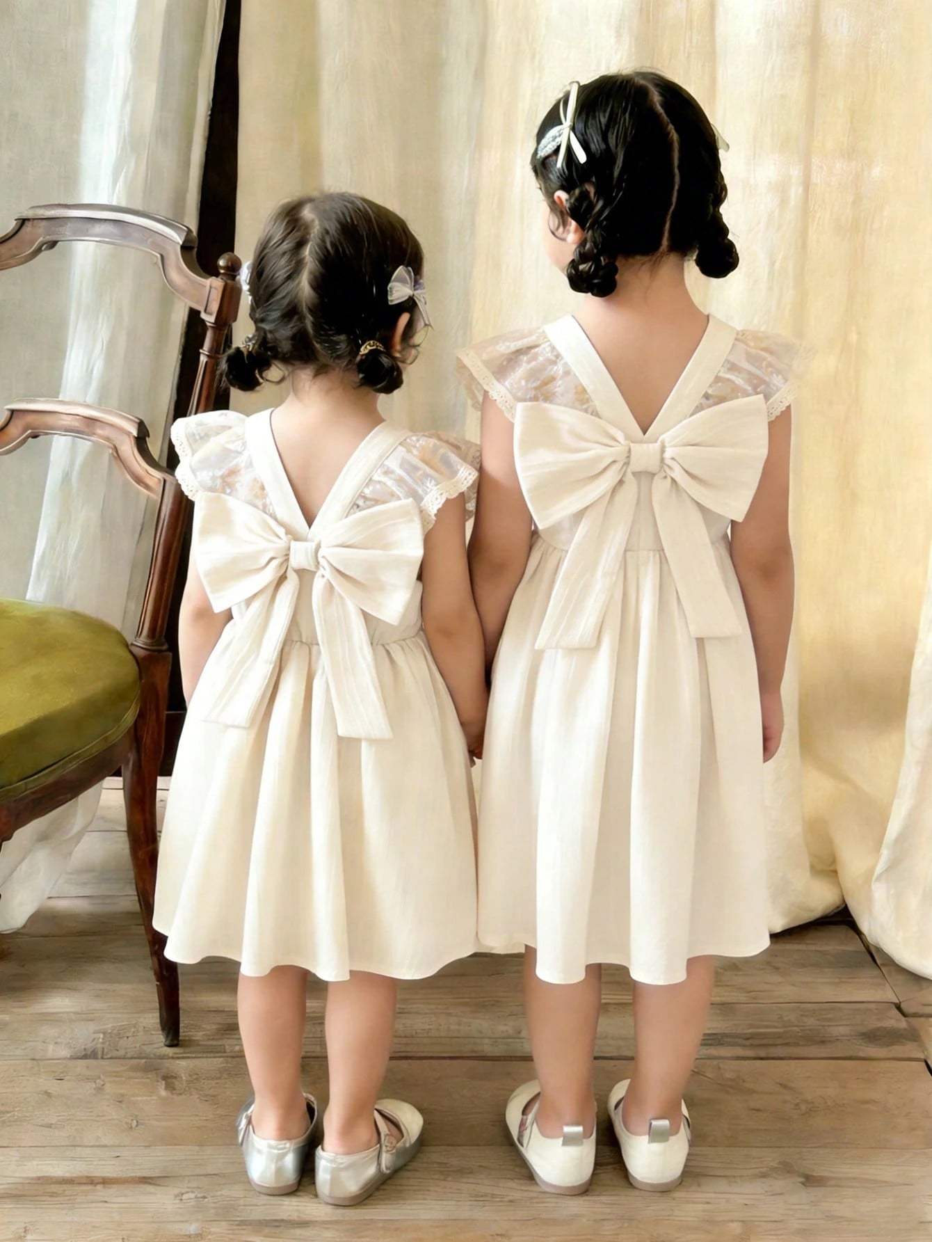 Little Girls Lace Flutter Sleeve Back-Bow A-Line Dress - Ecru | 21 ...