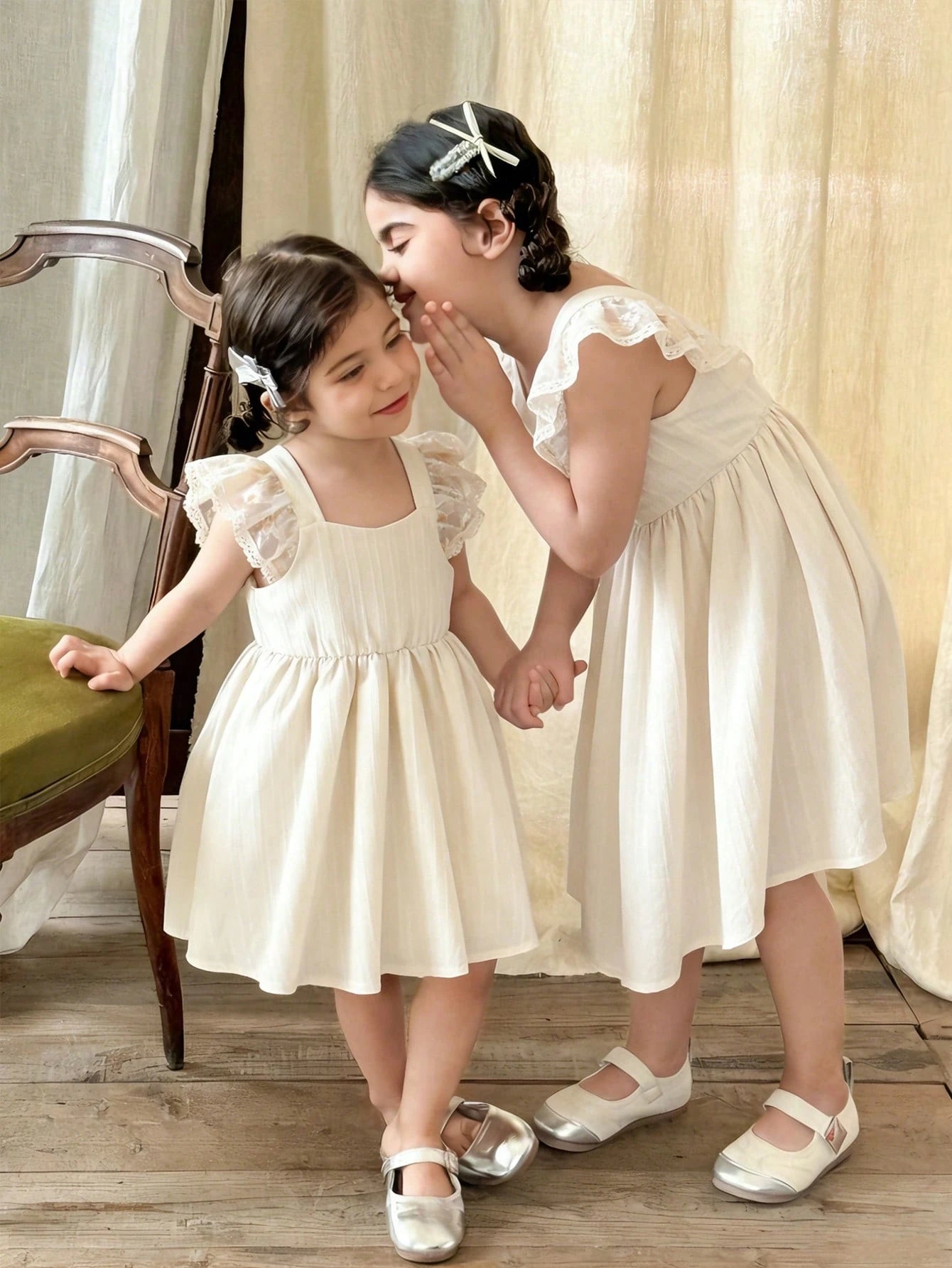 Little Girls Lace Flutter Sleeve Back-Bow A-Line Dress - Ecru | 21 ...